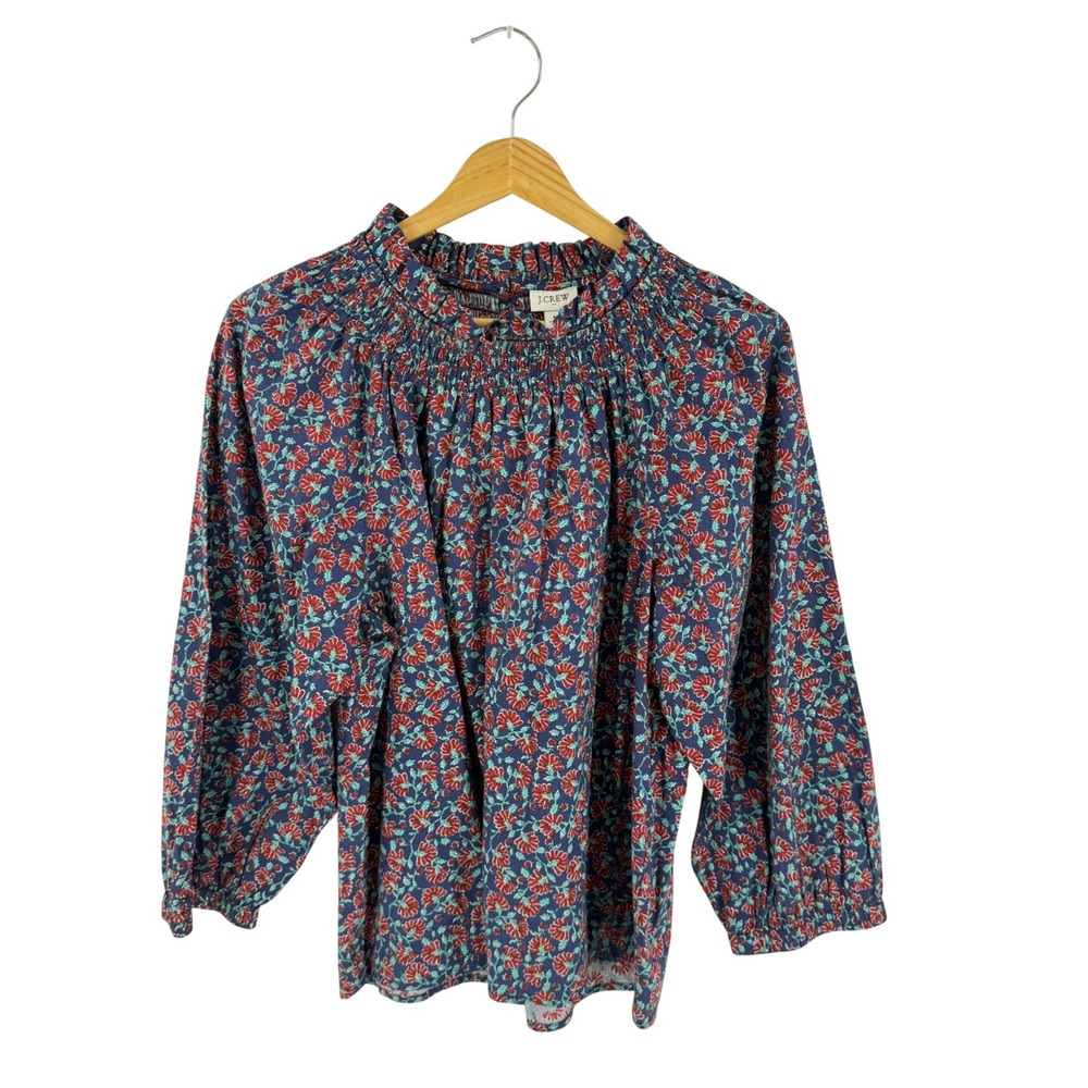 J. Crew Factory Smocked Floral Blouse Blue Red Medium Floral Cottagecore Fall